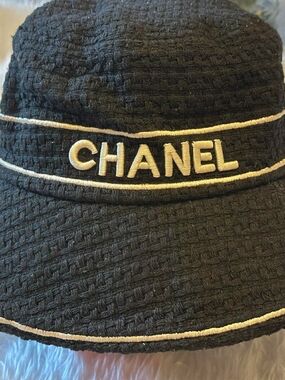 Black Bucket Hat with Cream Logo Trim